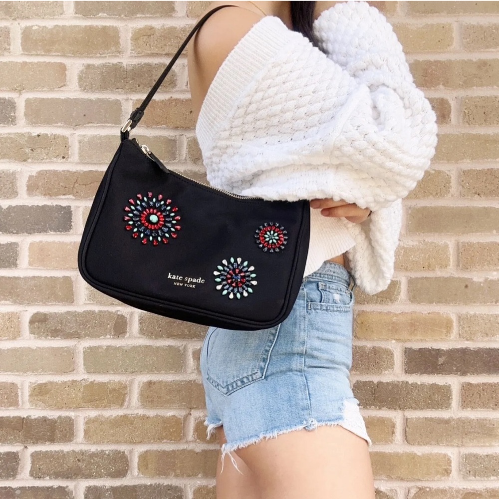 Kate Spade Little Better Sam Firework Embellished Nylon Small Shoulder Bag Black